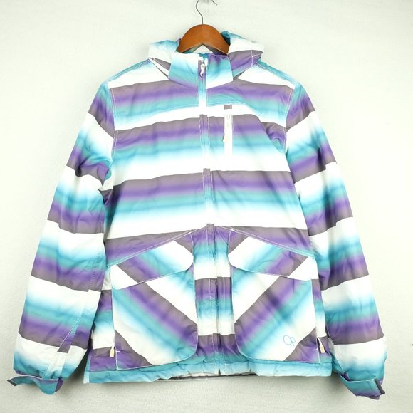 Ocean Pacific Womens Winter Jacket White Purple Striped Vintage Hooded 90s - Picture 1 of 12